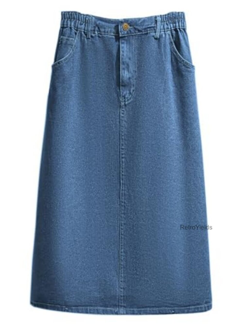 Elastic Waist Midi Denim A Line Skirt with Pockets